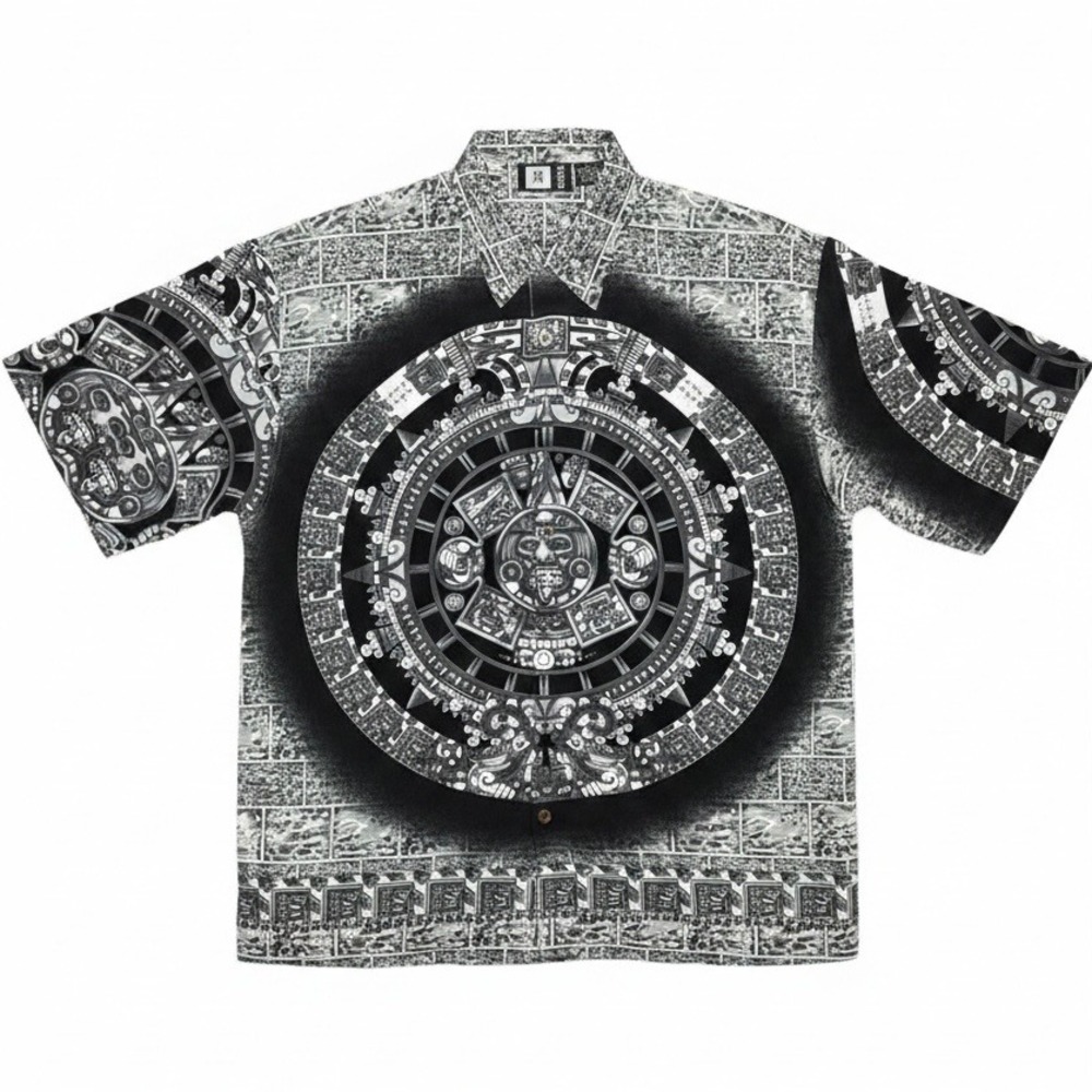 Moon Aztec Shirt Mens Medium Sun Stone Calendar AOP Black Gray Short Sleeve